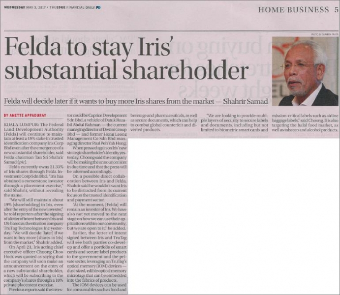FELDA to stay Iris substantial shareholder
