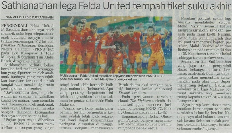 Sathianathan Lega FELDA United Tempah Tiket Suku Akhir