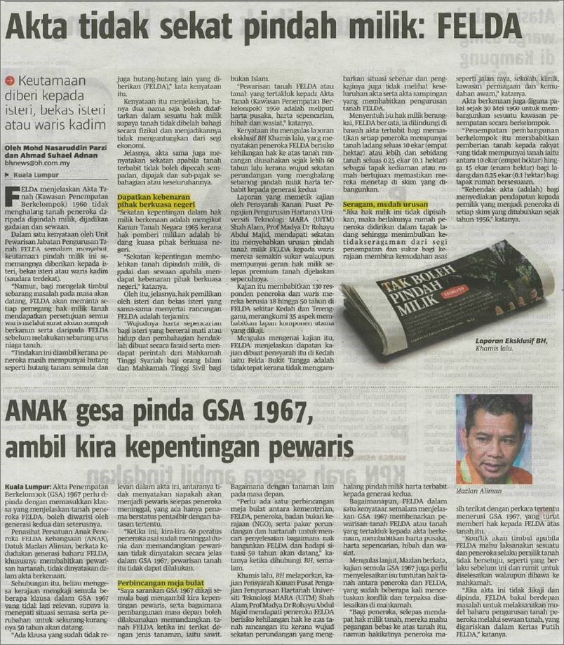 FELDA - Akta Tidak Sekat Pindah Milik : Felda