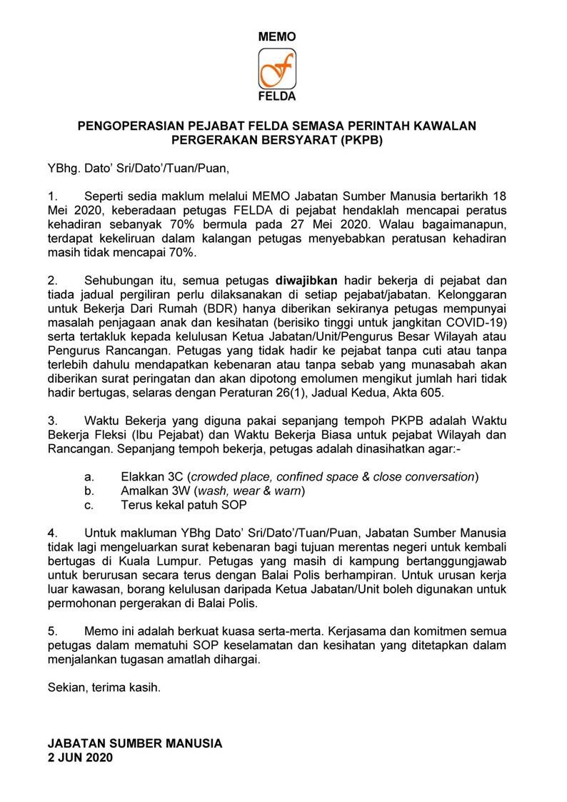 Operasi Pejabat FELDA Semasa PKPB kemaskini 2 Jun 2020